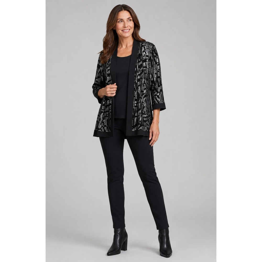 Joseph Ribkoff Disco Cardigan Womens 16 Black Velvet Metallic Silver Bell Sleeve
